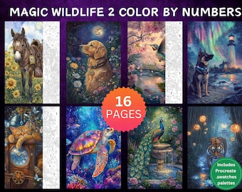 16 Color by Number Pages, Digital Coloring Pages, Paint by Numbers Bundle, Procreate Adults Coloring Book, Magic Wildlife 2