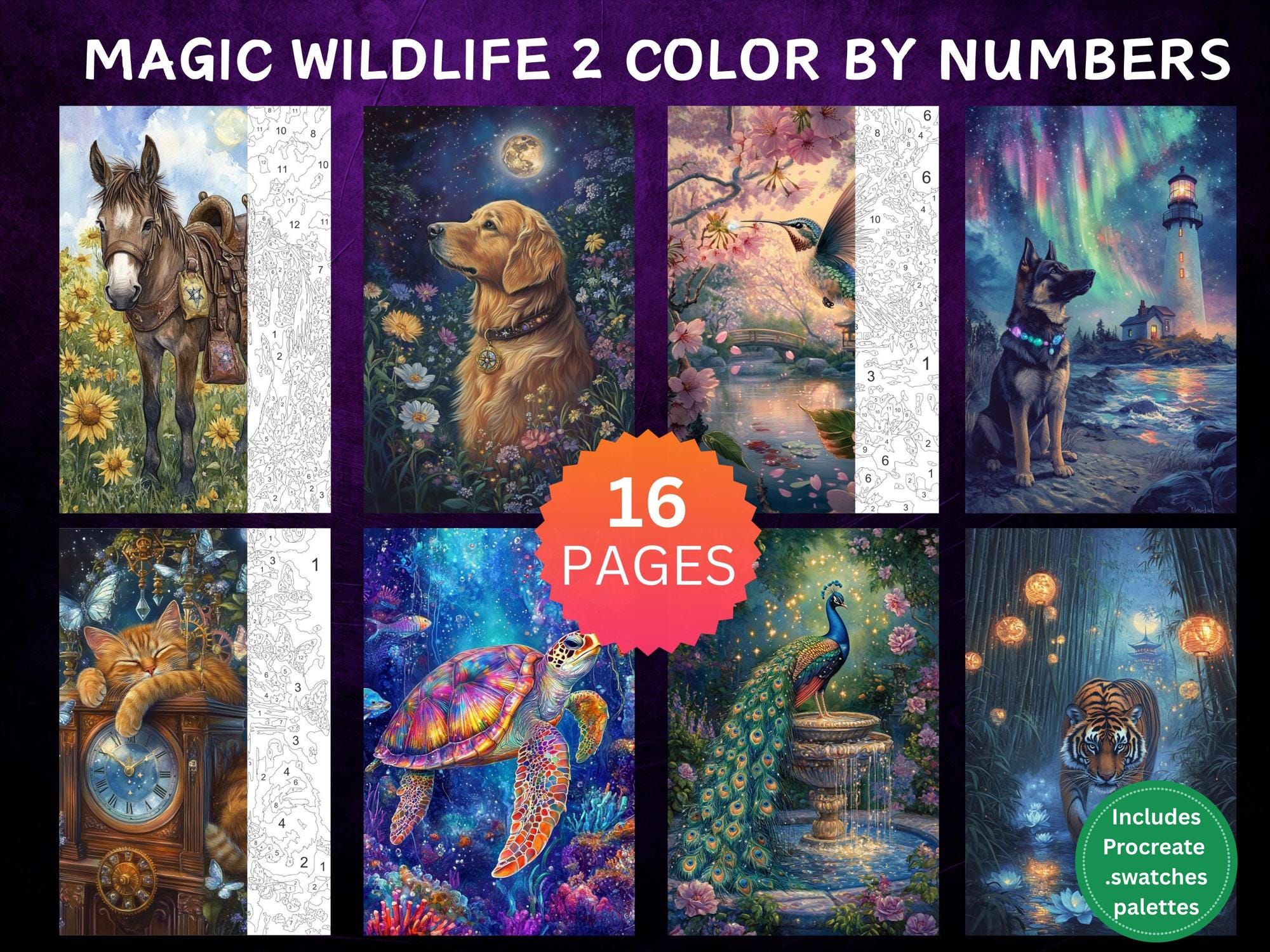 16 páginas mágicas de vida salvaje por números – Pack de libro de colorear digital para adultos, Procreate e impresión