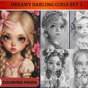 60 Dreamy Darling Girls Set 1 Páginas para colorear en escala de grises / Páginas para colorear para adultos imprimibles / Descargar escala de grises / Dibujos animados para niños lindos