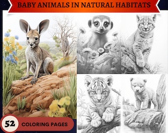 52 Realistic Baby Animals In Their Natural Habitat Grayscale Coloring Pages| Printable Adult Coloring Pages| Download Grayscale Illustration