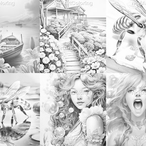 May include: A collage of six black and white images. The top row shows a boat on a lake with lilies, a house with a path leading to it, and a bee. The bottom row shows a bee on a leaf, a woman with bubbles, and a woman with her mouth open.