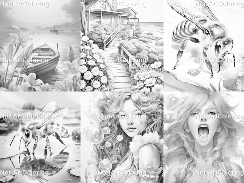 May include: A collage of six black and white images. The top row shows a boat on a lake with lilies, a house with a path leading to it, and a bee. The bottom row shows a bee on a leaf, a woman with bubbles, and a woman with her mouth open.