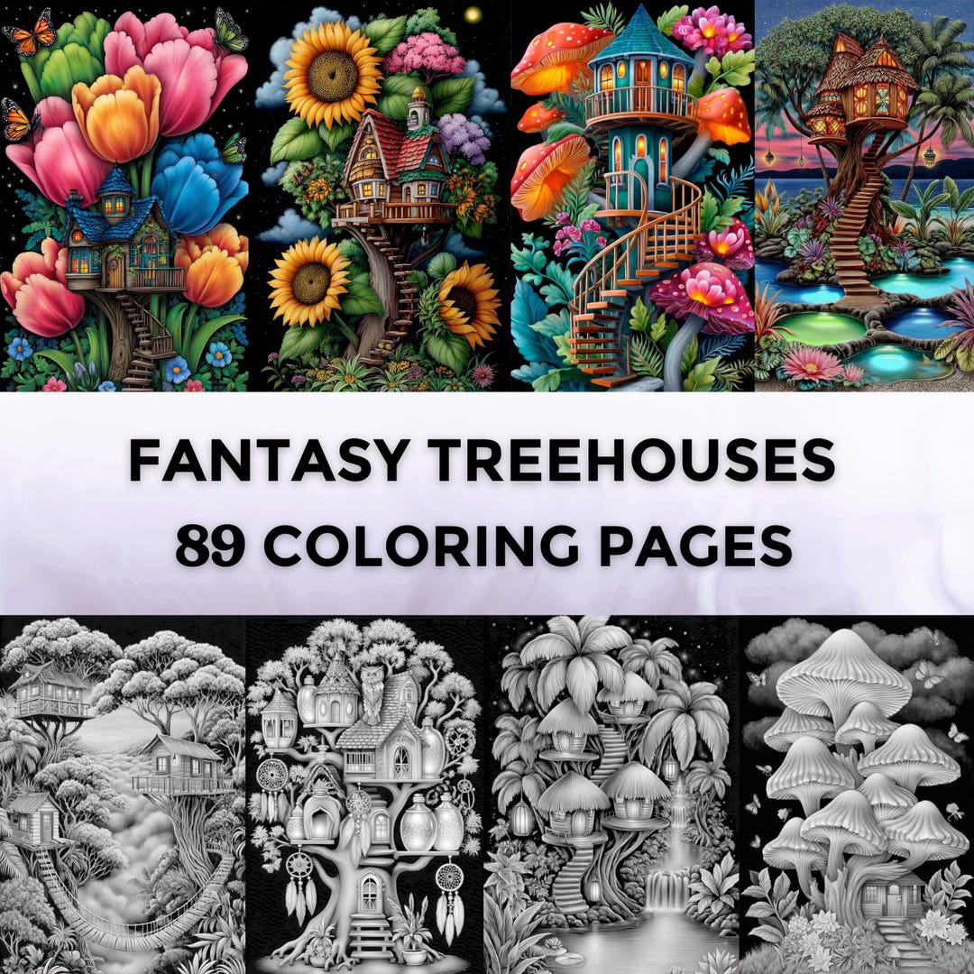 89 Fantasy Treehouses Coloring Book, Whimsical Treehouse Coloring ...