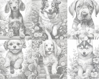 52 Dogs Different Breeds Set 1|Grayscale Coloring Pages | Printable Adult Kids Coloring Pages |Download Grayscale Illustration|Printable PDF
