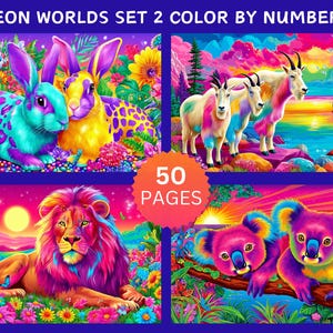 Peut inclure: Une impression d'art num&eacute;rique vibrante intitul&eacute;e "Neon Worlds Set 2 Color by Numbers" pr&eacute;sentant des illustrations color&eacute;es d'animaux, dont des lapins, des ch&egrave;vres, un lion et des koalas. L'&oelig;uvre d'art a une palette de couleurs n&eacute;on et comprend 50 pages.