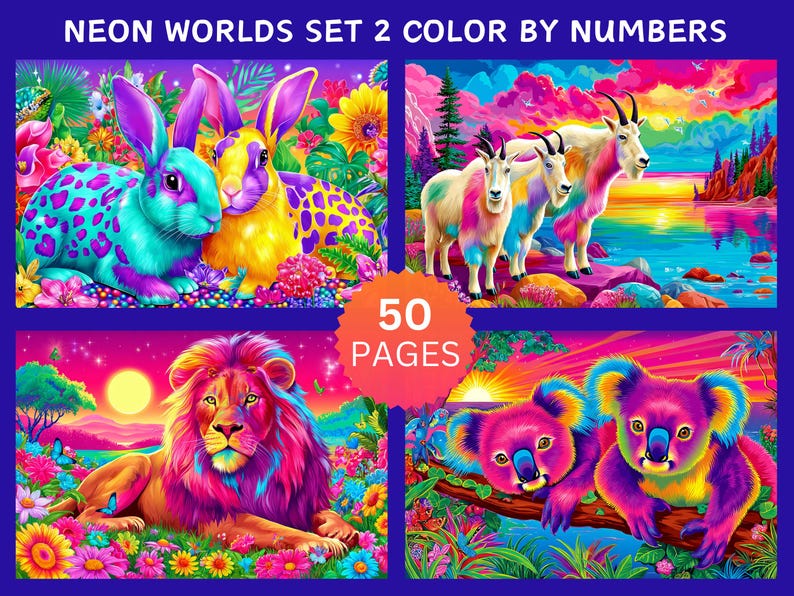 Peut inclure: Une impression d'art num&eacute;rique vibrante intitul&eacute;e "Neon Worlds Set 2 Color by Numbers" pr&eacute;sentant des illustrations color&eacute;es d'animaux, dont des lapins, des ch&egrave;vres, un lion et des koalas. L'&oelig;uvre d'art a une palette de couleurs n&eacute;on et comprend 50 pages.