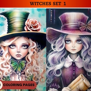 40 Witches Coloring Pages Set 1 | Printable Adult Coloring Pages | Download Grayscale Illustration | Printable PDF file