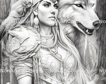 Viking Woman with her Wolf coloring page | Fairytale | Coloring Pages | Printable Adult Coloring Pages | Download Grayscale Illustration
