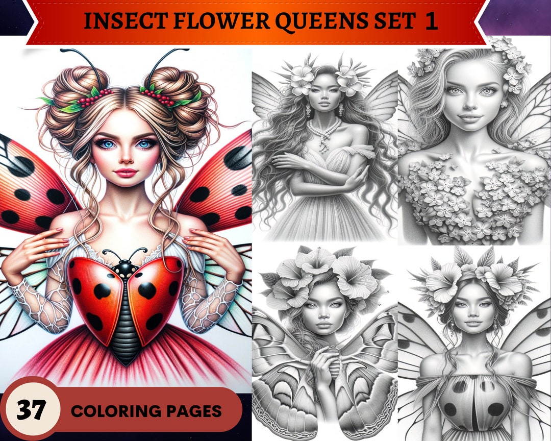 37 Insect and Flower Queens Set 1 Grayscale Coloring Pages | Gorgeous ...