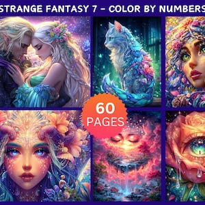 Peut inclure: Impression d'art numérique intitulée "Strange Fantasy 7 - Color by Numbers". L'image présente six illustrations fantastiques colorées, dont des portraits d'êtres mystiques, un chat et un œil de rose. L'image comprend le texte "60 Pages."