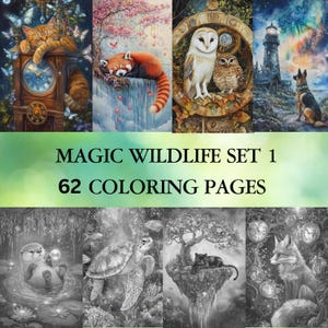 62 Magic Wildlife Grayscale Coloring Pages | Fantasy Animals | Pets Coloring | Digital Printable Coloring Book for Adults | PDF Download