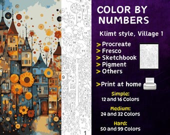 Color by Number, Digital Coloring Pages, Paint by Numbers, Procreate Coloring Book, Adults Coloring Book, Klimt Village Coloring by Number