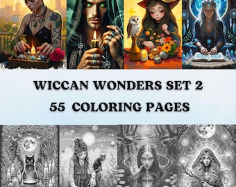 Può includere: Un set di 55 pagine da colorare con illustrazioni di streghe, gufi e altre creature magiche. Il titolo "Wiccan Wonders Set 2" è visualizzato nella parte superiore dell'immagine.