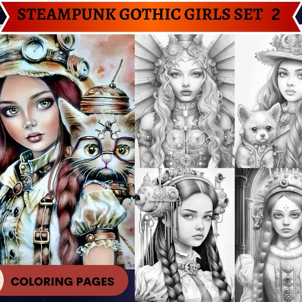 40 Gothic Steampunk Girls Set 2 Coloring Pages | Bright and Dark versions | Printable Adult Coloring Pages | Download Grayscale Illustration