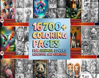 May include: A collection of coloring pages featuring various animals and creatures. The image includes sets like "Adorable Dragons," "Alien Deep Sea Creatures," and "Amazing Wildlife." The text reads "16700+ Coloring Pages for Animal Lovers Realistic and Cartoon."