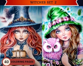 40 Páginas para colorear de brujas Set 2 / Páginas para colorear para adultos imprimibles / Descargar ilustración en escala de grises / Archivo PDF imprimible