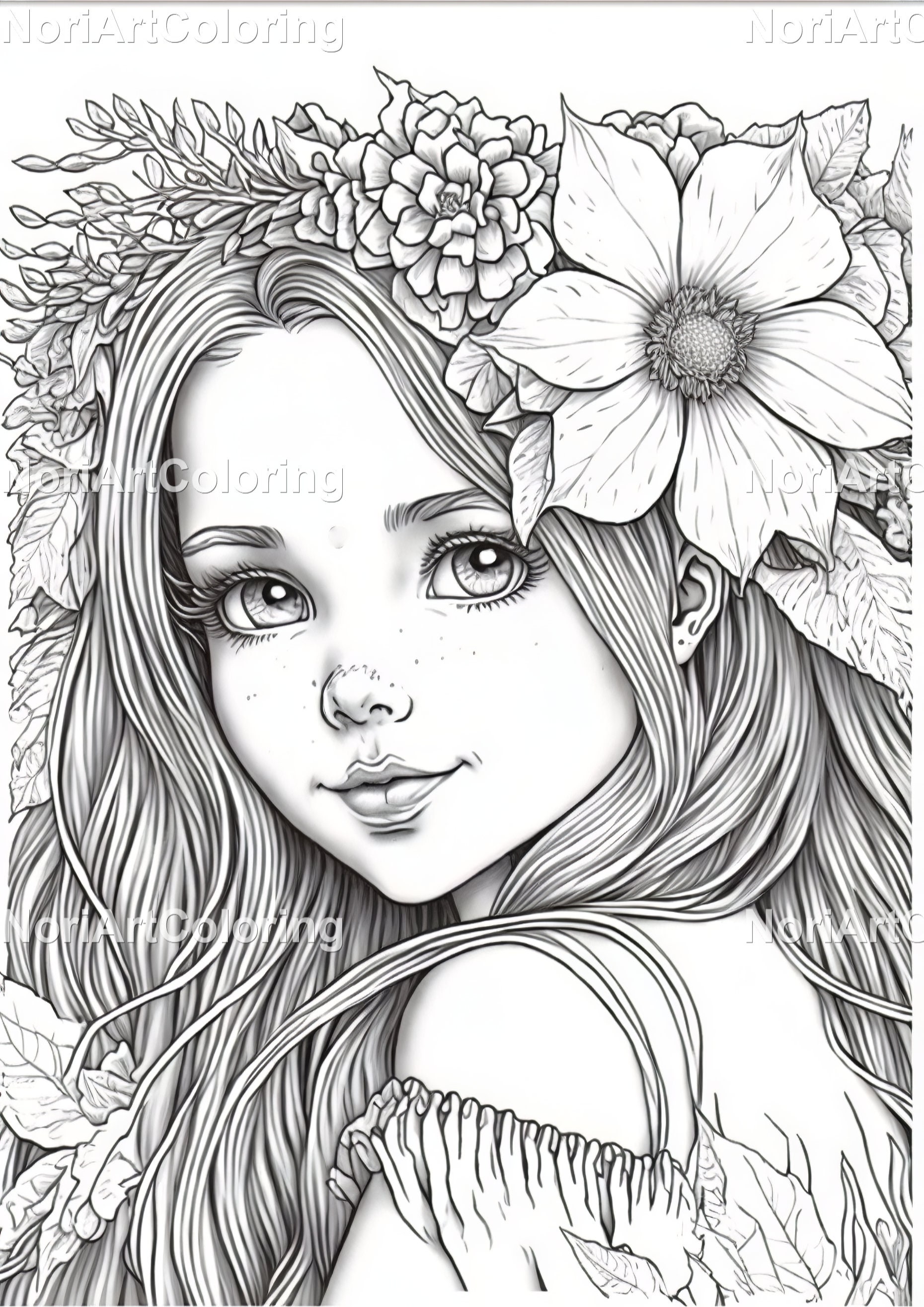 15 Grayscale Beautiful Little Girls With Flowers Coloring Pages Vol 4  Printable Adult Coloring Pages Download Grayscale Illustration 