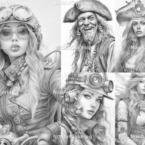 May include: A set of four black and white coloring pages featuring steampunk-inspired characters. The characters include a woman with goggles and a motorcycle, a pirate with a beard, a woman with a pirate hat, and a woman with a helmet and goggles.
