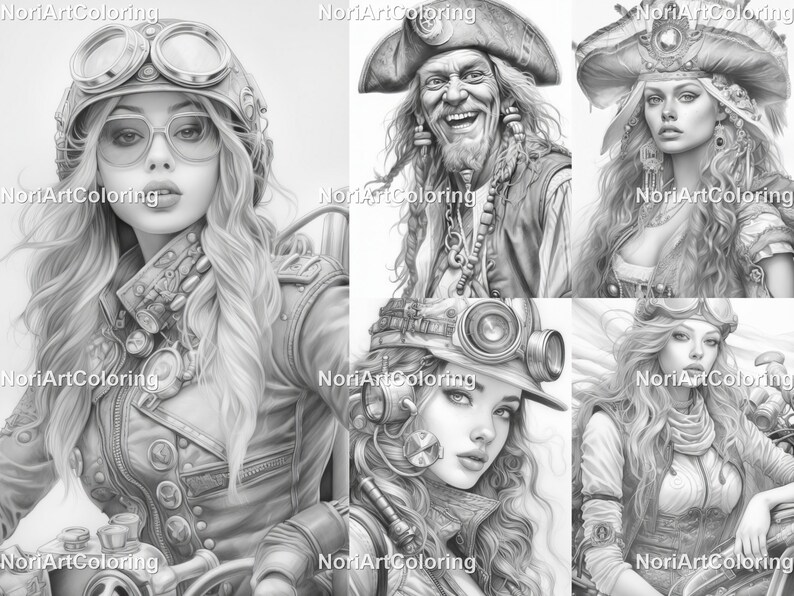 May include: A set of four black and white coloring pages featuring steampunk-inspired characters. The characters include a woman with goggles and a motorcycle, a pirate with a beard, a woman with a pirate hat, and a woman with a helmet and goggles.
