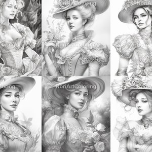 43 Beautiful Victorian Women Set 6 Coloring Pages | Printable Adult Coloring Pages | Download Grayscale Illustration