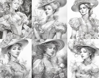 43 hermosas mujeres victorianas conjunto 6 páginas para colorear / páginas para colorear para adultos imprimibles / descargar ilustración en escala de grises