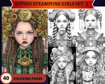 40 Chicas Steampunk Góticas Set 1 Páginas para colorear / Versiones brillantes y oscuras / Páginas para colorear para adultos imprimibles / Descargar ilustración en escala de grises