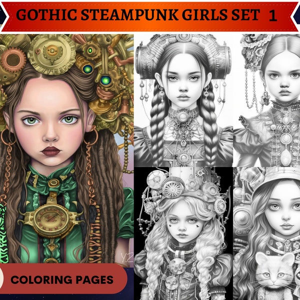 40 Gothic Steampunk Girls Set 1 Coloring Pages | Bright and Dark versions | Printable Adult Coloring Pages | Download Grayscale Illustration