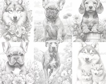 52 Perros de diferentes razas Set 2/Páginas para colorear en escala de grises / Páginas para colorear para niños adultos imprimibles /Descargar ilustración en escala de grises/PDF imprimible