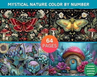 May include: A digital art print titled "Mystical Nature Color by Number" featuring illustrations of moths, mushrooms, and a mushroom house. The image includes the text "64 pages" and a small circle with the text "Includes Procreate .swatches palettes".