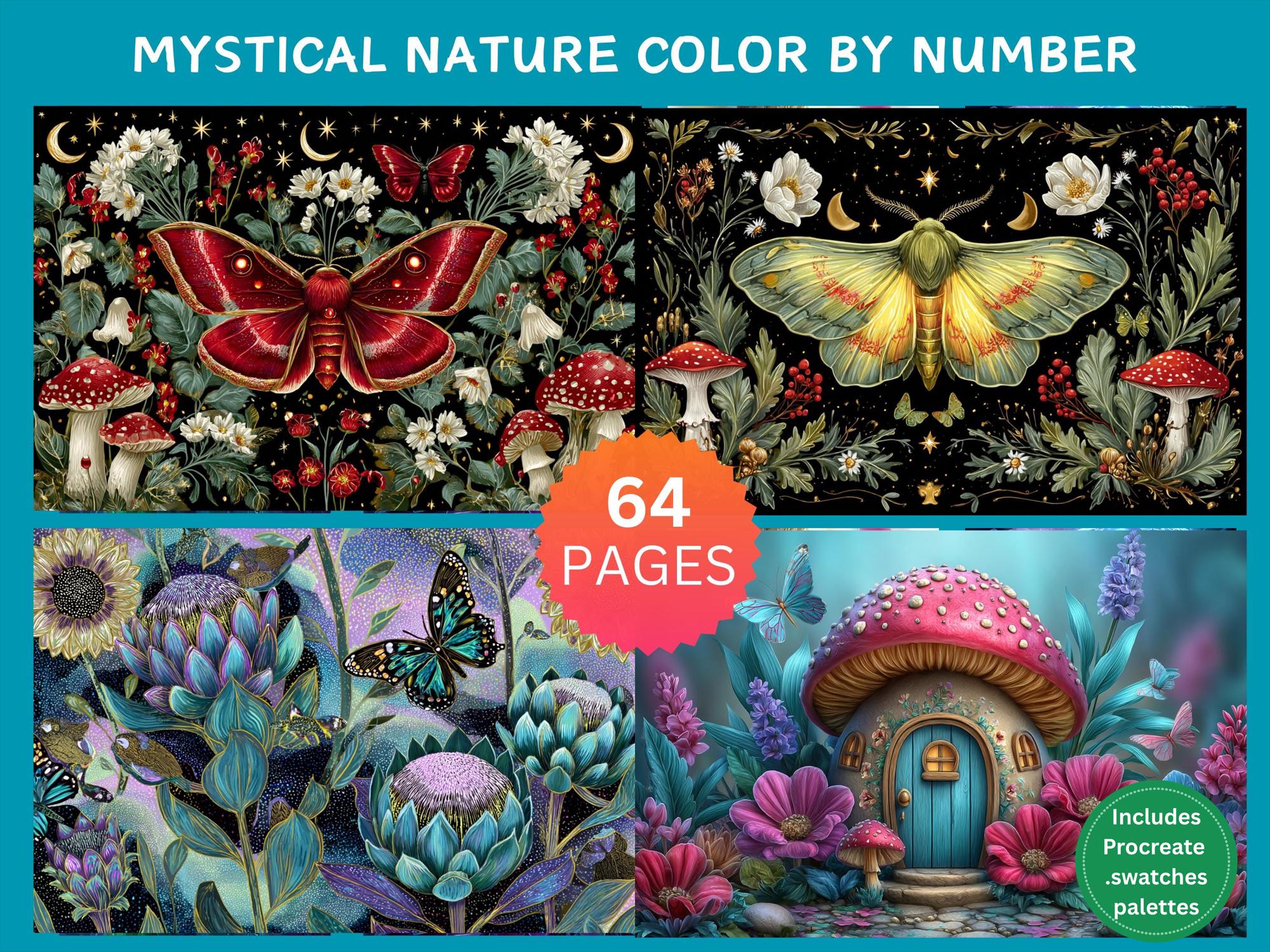 64 Páginas de Naturaleza Mística por Números | Paquete de Coloreo Digital para Adultos, Procreate e Impresión