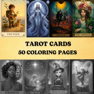 50 pagine da colorare in scala di grigi con le carte dei tarocchi / Libro da colorare per adulti stampabile / Scarica l'arte mistica dei tarocchi / Arcani maggiori spirituali da colorare in PDF