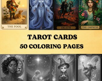 50 Tarot Cards Grayscale Coloring Pages | Printable Adult Coloring Book | Mystical Tarot Art Download | Major Arcana Spiritual Coloring PDF
