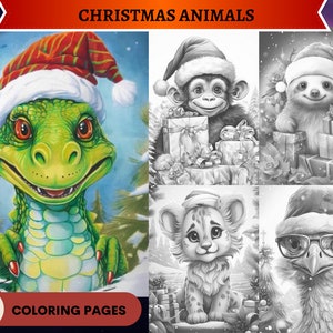 72 Cute Cartoon Christmas Animals Grayscale Coloring Pages | Printable Adult Coloring Pages | Download Grayscale Illustration