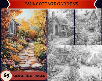 Puede incluir: Un libro para colorear con 65 páginas de ilustraciones de un jardín de cabaña en otoño. La imagen muestra un camino de piedra que conduce a una cabaña con follaje colorido y flores. La segunda imagen muestra una versión en blanco y negro de la misma escena.