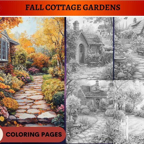 53 Fall Cottage Gardens Grayscale Coloring Pages Printable Adults Kids Coloring Pages Instant Download Autumn Coloring Book Flowers