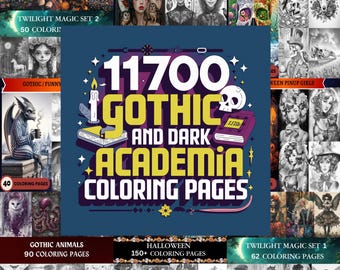 Può includere: Un collage di copertine di libri da colorare con temi gotici e di accademia oscura. Le copertine presentano illustrazioni di teschi, scheletri, pin-up girls, animali e altre immagini inquietanti. Il testo sulle copertine recita "11700 pagine da colorare gotiche e di accademia oscura".