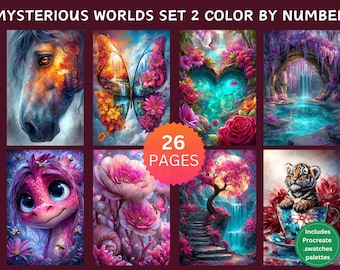 26 Mundos Misteriosos Set 2 Páginas para colorear por números, Páginas para colorear digitales, Paquete de pintura por números, Libro para colorear para adultos de Procreate, Animales