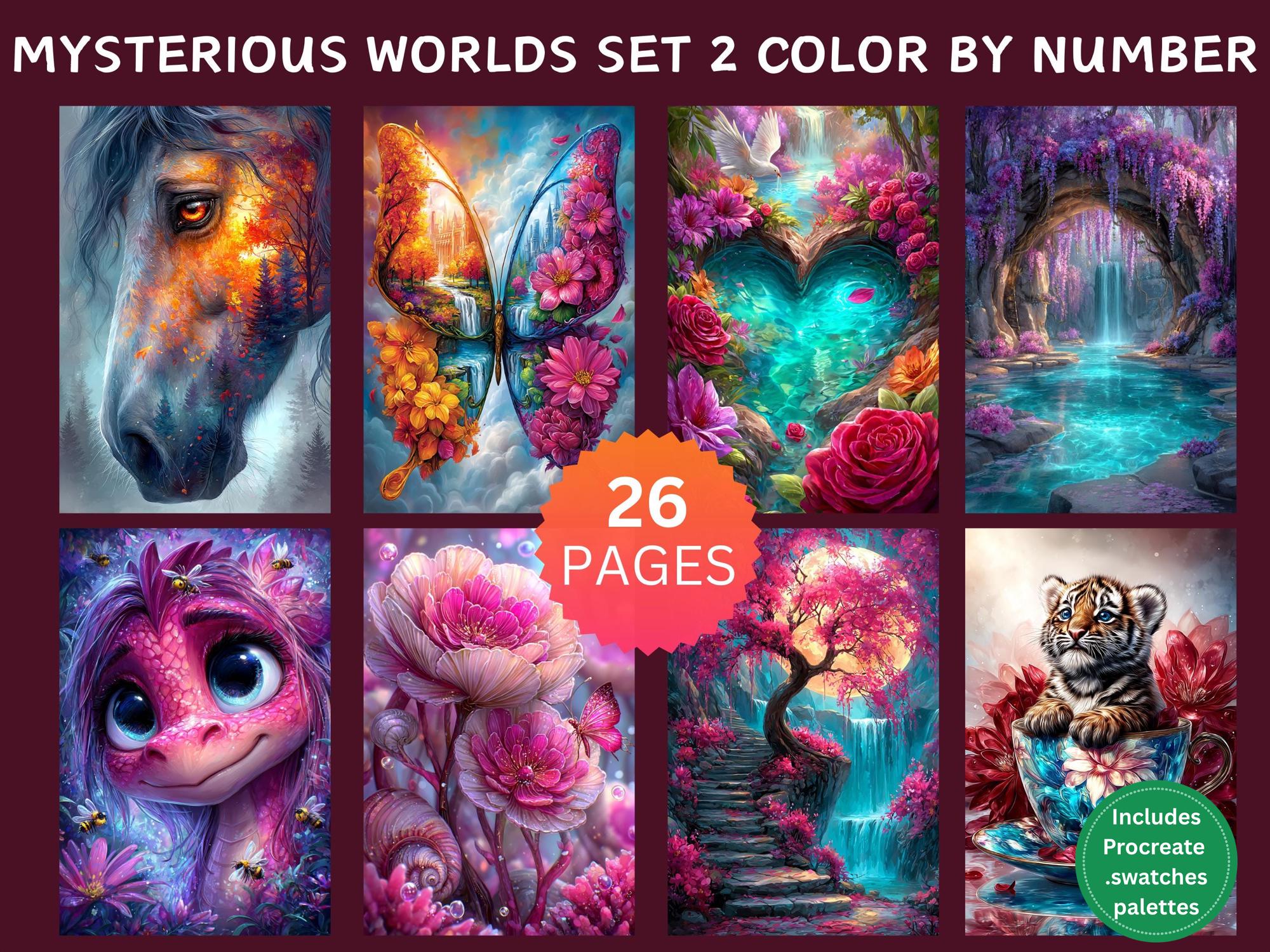 26 Mysterious Worlds Set 2 Color by Number Pages – Digital Coloring Bundle for Adults, Procreate & Printable Animals Art