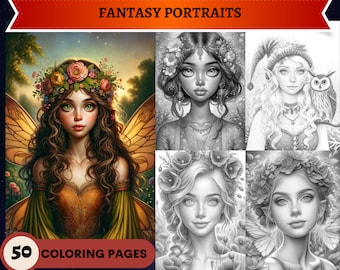 50 Retratos de fantasía Páginas para colorear en escala de grises / Páginas para colorear para adultos imprimibles / Descargar escala de grises