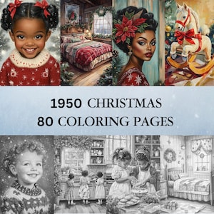 80 pages à colorier de Noël en niveaux de gris de 1950 pour adultes | Téléchargement instantané | Cartes vintage Paysages Animaux mignons Père Noël Neige PDF imprimable