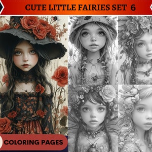 50 Cute Little Fairies Set 6 Coloring Pages | Printable Adult Coloring Pages | Download Grayscale Illustration | Fantasy Magic Vintage