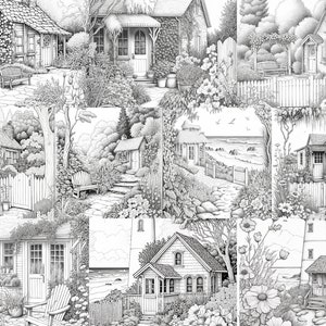 43 Cottage Gardens Coloring Book Set 2 | Printable Adult Coloring Pages | Download Grayscale Illustration | Printable PDF file