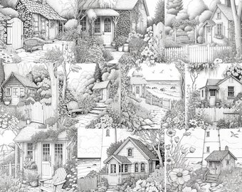 43 páginas para colorear de jardines de cabañas en escala de grises, juego de 2, páginas para colorear imprimibles para adultos y niños, descarga instantánea, flores, regalo botánico para mamá