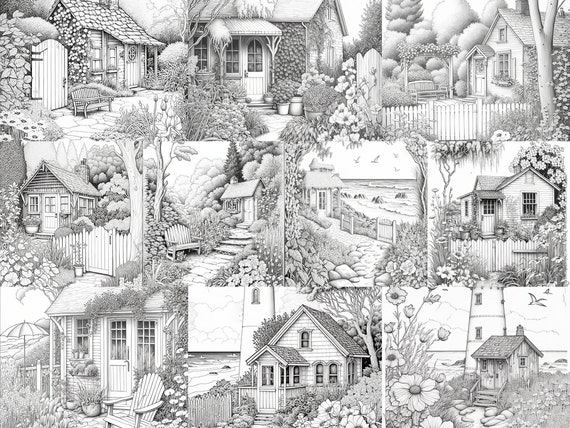 43 Cottage Gardens Coloring Book Set 2 Printable Adult Coloring Pages  Download Grayscale Illustration Printable PDF File 