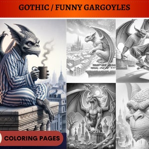 40 Adult Gargoyles Grayscale Coloring Pages | Printable Adult Coloring Pages | Download Grayscale | Fantasy gothic funny | Instant PDF