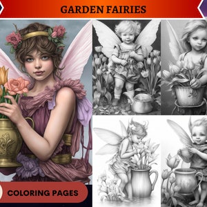 52 Garden Fairies Coloring Pages, Fairy Coloring Page, Grayscale Coloring Page, Fantasy Coloring, Printable PDF, Coloring Sheet