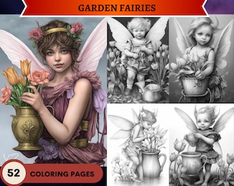52 páginas para colorear de hadas de jardín, página para colorear de hadas, página para colorear en escala de grises, dibujos de fantasía, PDF imprimible, hoja para colorear