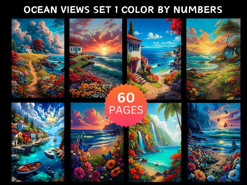 Ocean View Colours 60 Ocean Views Set 1 Color by Number Pages, Digital Coloring Pages ...