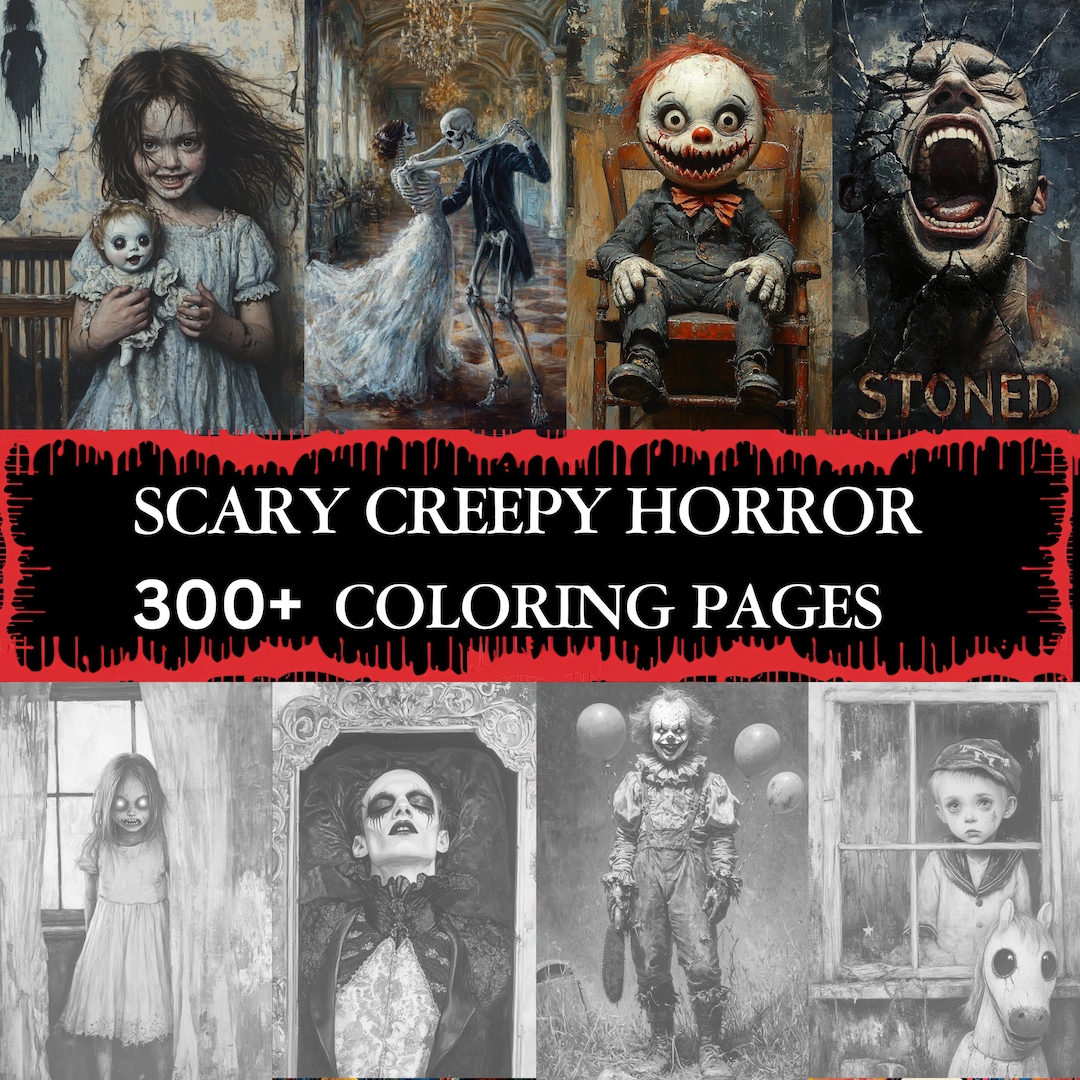 300 Scary Creepy Horror Halloween Grayscale Coloring Pages for Adults ...