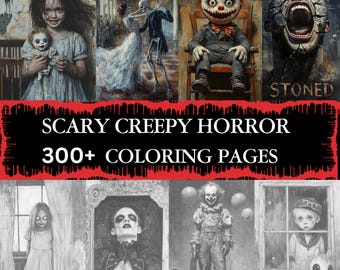 300 przerażających, przerażających, przerażających kolorowanek z okazji Halloween w skali szarości dla dorosłych do natychmiastowego pobrania w formacie PDF do druku w skali szarości